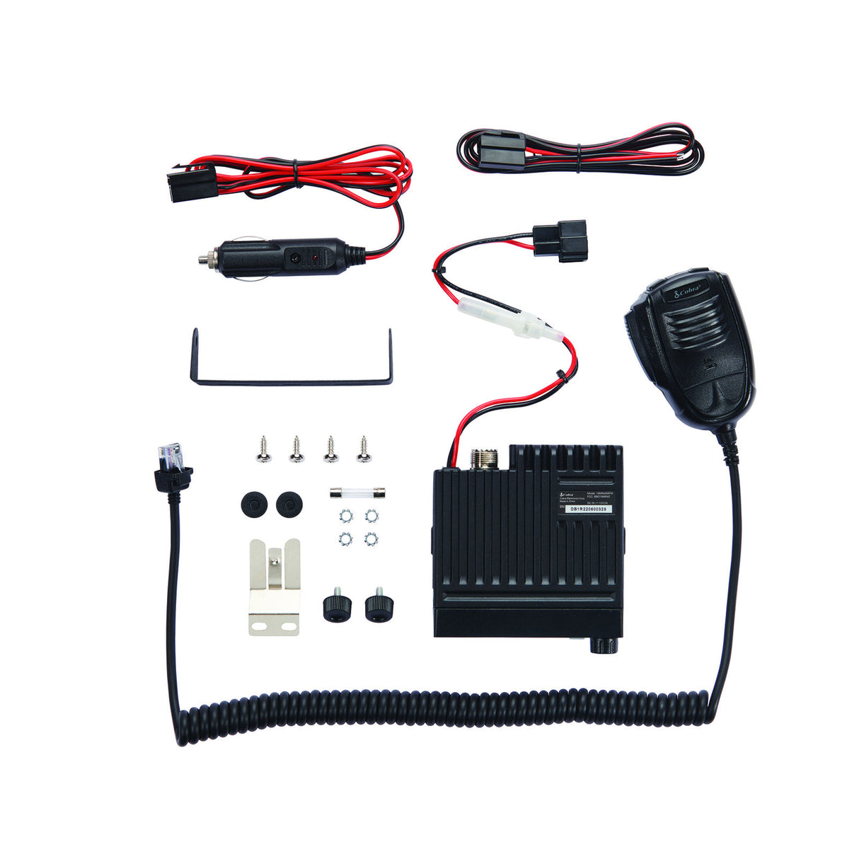 Cobra 19 MINI AM/FM radio, mic, bracket, 12V adapter and hardwire kit in the box | Right Channel Radios