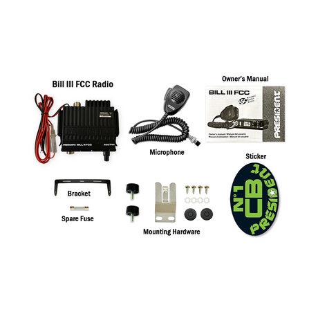 An image showing all the included parts with the President Bill III CB radio 
