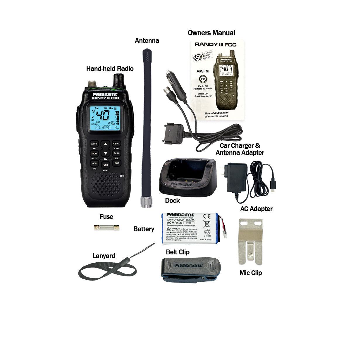 President Randy III IP67 CB radio with USB-C dock, vehicle charger and included accessories | Right Channel Radios
